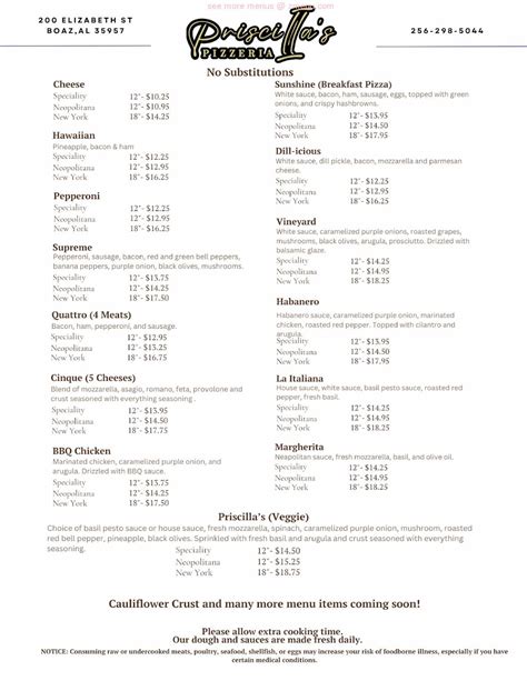 Online Menu of Priscilla's Pizzeria Restaurant, Boaz, Alabama, 35957 ...