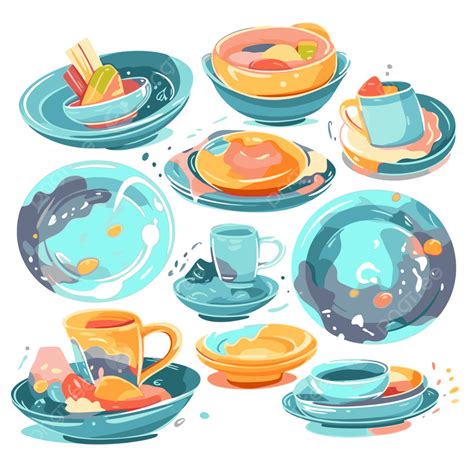 Wash Dishes Vector, Sticker Clipart Set Of Colorful Dishes And Cups ...