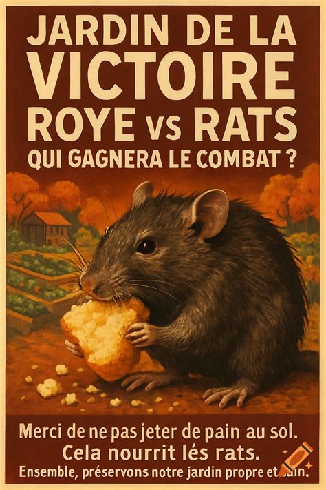 A vintage-style poster depicting a large rat eating a piece of bread in ...