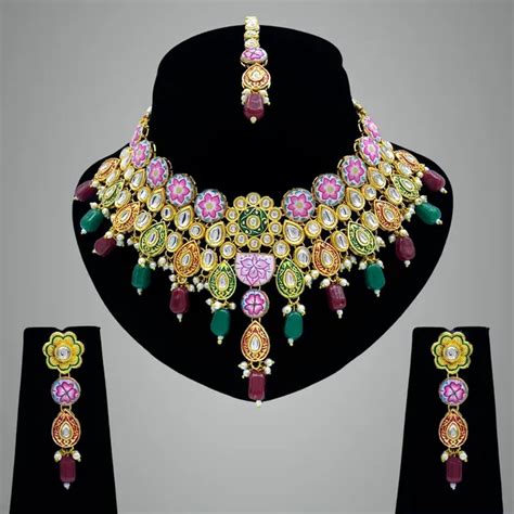 SUJWEL Maroon & Green Brass Premium Kundan Meenakari Necklace Set For ...