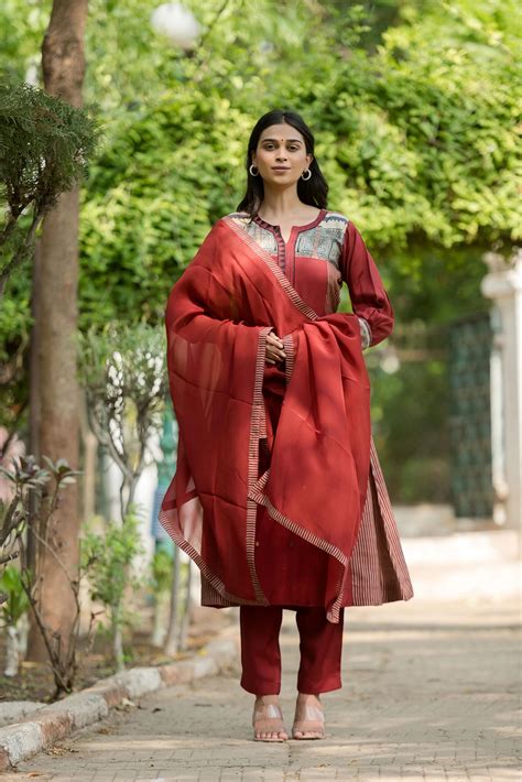 Rust Muslin A-line Salwar Suit