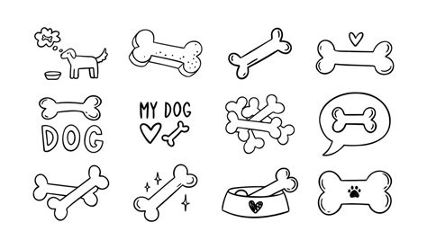 Hand drawn doodle bone for dogs set outline isolated drawing bones on ...