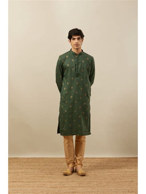 Buy Manyavar Green Blended Viscose Self Design Kurta with Pencil Pyjama ...