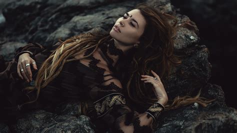 Download wallpaper girl, pose, stones, mood, ring, hands, long hair ...