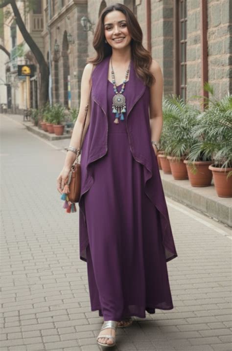 Rozana - Wine Cotton Gown with Asymmetrical Jacket - Ishnya