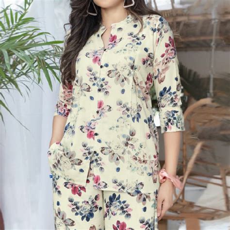 Cream Foil Printed Rayon Co Ord Set