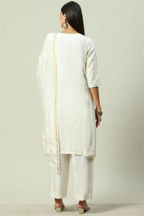 Off White Cotton Silk Straight Kurta Palazzo Suit Set