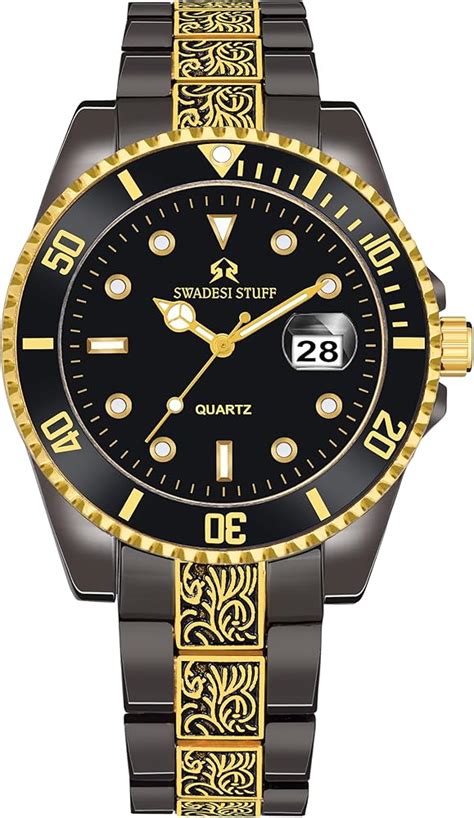 SWADESI STUFF Brilliance Black Hand-Grooving Date Dial Premium Luxury ...