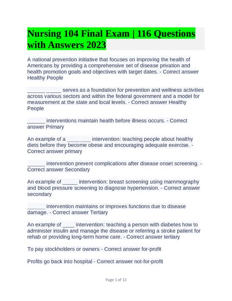 Nursing 104 Final Exam | 116 Questions with Answers 2023 | Exams ...