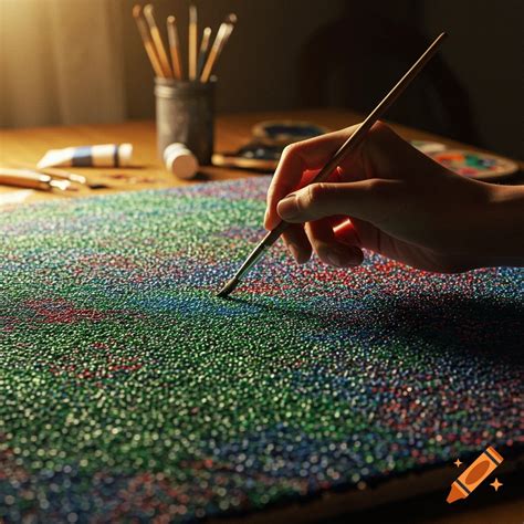 A hand holds a paintbrush, adding colorful dots in red, green, and blue ...
