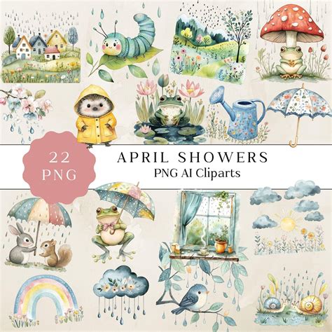 April Showers Clipart, Cute Spring Digital Art, Watercolor Spring ...
