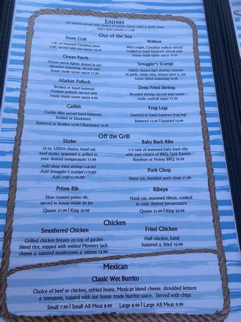 Menu at Smuggler's At North Shore pub & bar, Newaygo