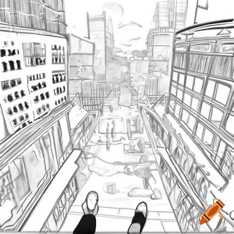 Doodle-style city view from mall terrace in first-person perspective on ...