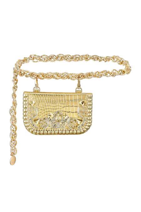 Buy Gold Metallic Thread, Rhinestones Embellished Belt Bag by Papa Don ...
