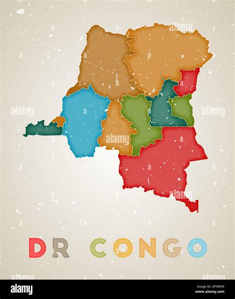 DR Congo map. Country poster with colored regions. Old grunge texture ...