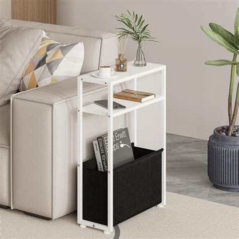 White Side Table, Narrow End Table with Shelves, Narrow Table for Small Spaces, Slim Side Table ...