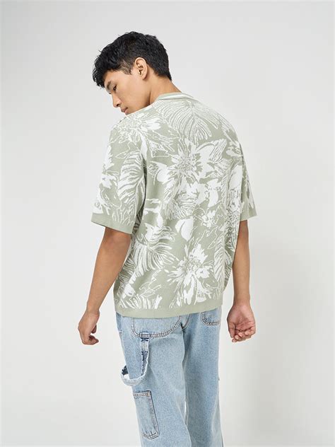 Buy Nuon Sage Floral Design Relaxed-Fit Cotton Shirt from Westside