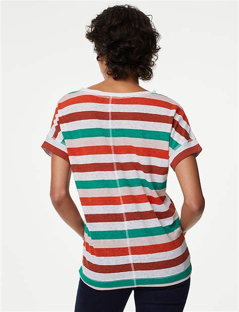 Buy Linen Rich Striped V-Neck T-Shirt at Marks & Spencer