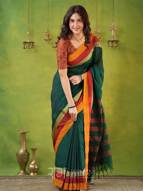 Narayanpet Green Cotton Saree by Raag Varnam | Mercerized Finish With