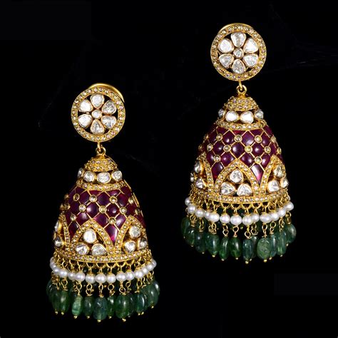 Jhoomki pair with rose cut diamond, diamond uncut and emerald maniya w ...