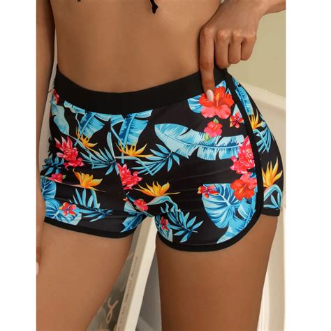 Women Floral Print Swim Shorts Swimwear Running High Waist Bikini Lace ...