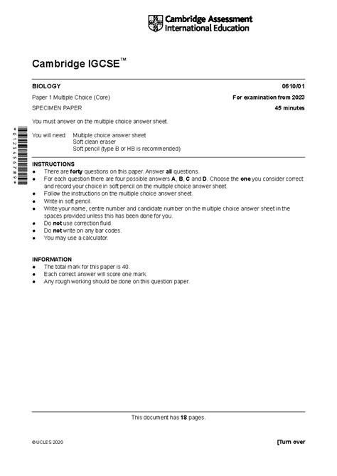 595631 2023 specimen paper 1 - Cambridge IGCSE ™ BIOLOGY 0610/ Paper 1 ...