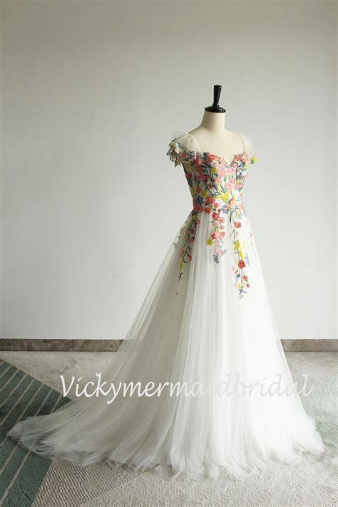 Unique Colorful 3D Embroidery Wedding Dress,flowy A-line Garden Wedding Gown With Short ...