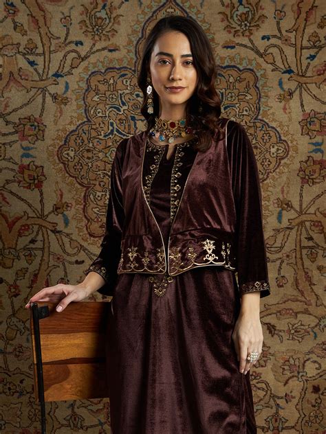 Buy Women Brown Velvet Zari Embroidered Waistcoat Online at Sassafras