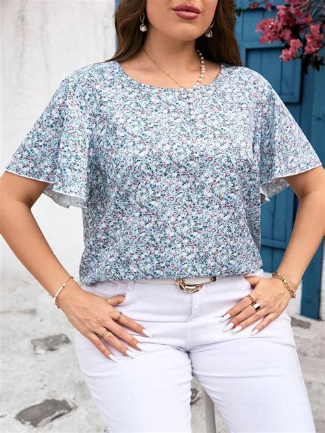 SHEIN Clasi Plus Size Summer Casual Floral Print Round Neck Ruffle ...