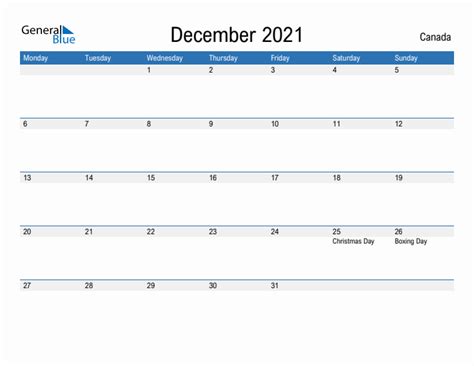December 2021 - Canada Monthly Calendar with Holidays