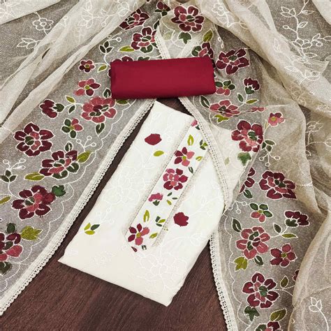 Offwhite & Maroon Floral Embroidery With Printed Roman Cotton Silk Mat