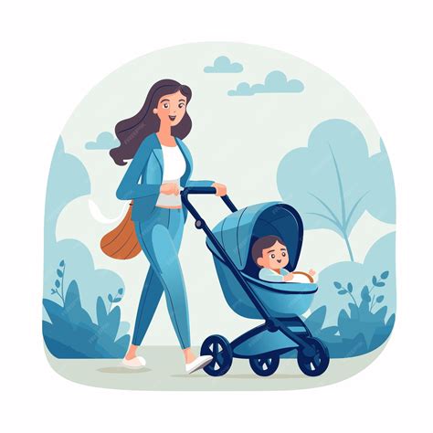 Premium Vector | Beautiful young single mom pushing stroller with cute ...
