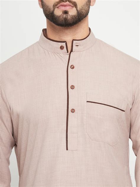 Nabia Beige Solid Mens Band Collar Thobe / Jubba with Brown Piping Des