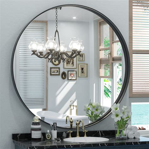 Keonjinn Round Black Mirror 36 Inch Metal Framed Black Bathroom Mirror ...