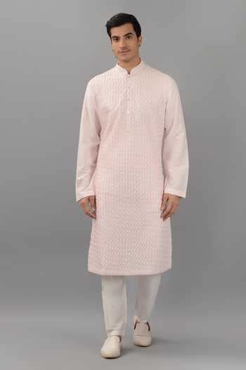 Buy Pink Silk Moon Pintucked Kurta Set For Men by Siddhesh Chauhan ...