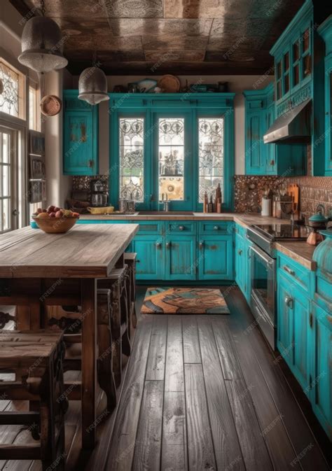 Premium AI Image | Turquoise kitchen cabinets are a great way to add ...