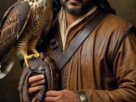 Man holding a falcon, in the centre of a group of people