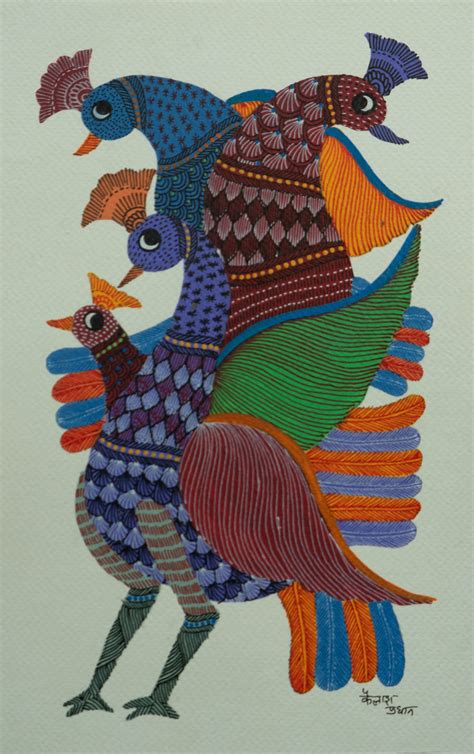 Buy Colorful Peacock Painting In Gond Artistry- Wall Decor