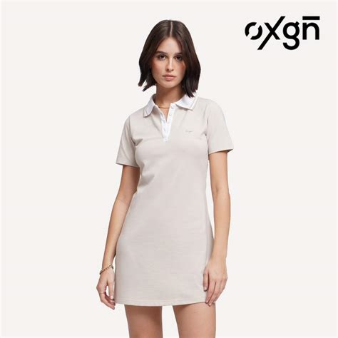 OXGN Contrast Collar Tipping Polo Shirt Dress For Women (Oatmilk ...
