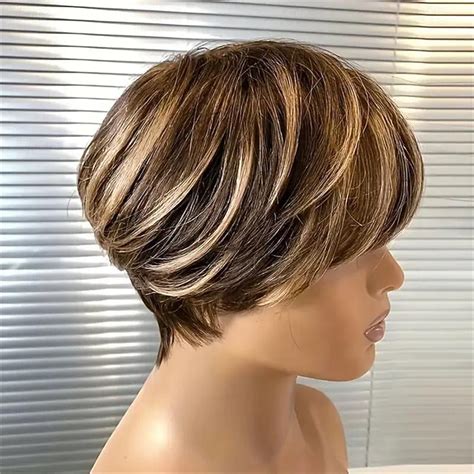 Human Hair Wig Short Natural Straight Pixie Cut Short Bob Side Part ...