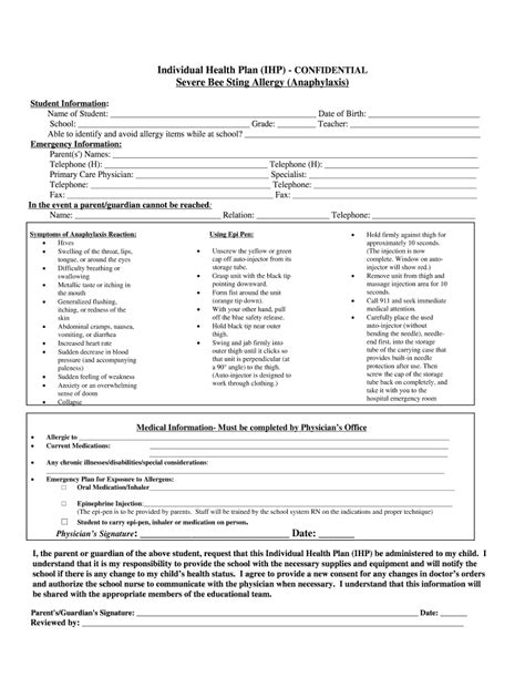 Fillable Online Individual Health Plan (IHP) - CONFIDENTIAL Severe Bee ...