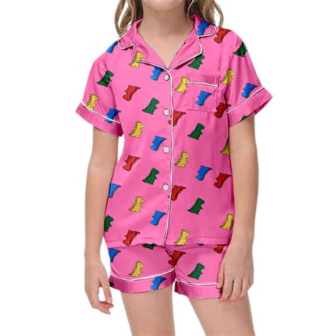 Teen Girls Silk Pajamas Set Dinosaur Printed Button Down Solid Tops T ...