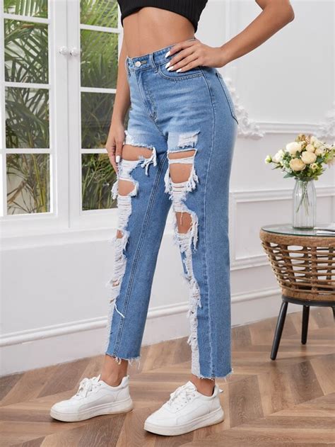 Ripped Cut Out Raw Trim Mom Fit Jeans | SHEIN IN