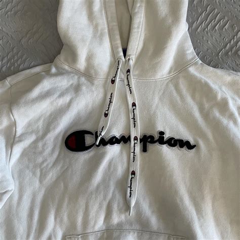 White champion hoodie Say size large but really fits... - Depop