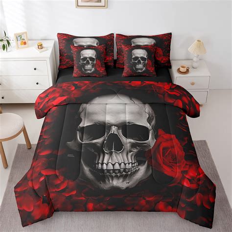 Erosebridal 7 Piece Rose Skull Comforter Set Full Size,Red Black Gothic ...