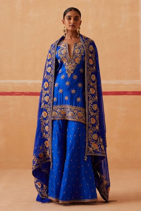 Buy Blue Kurta And Gharara Pure Silk Embroidery Zardozi Notched Devi ...