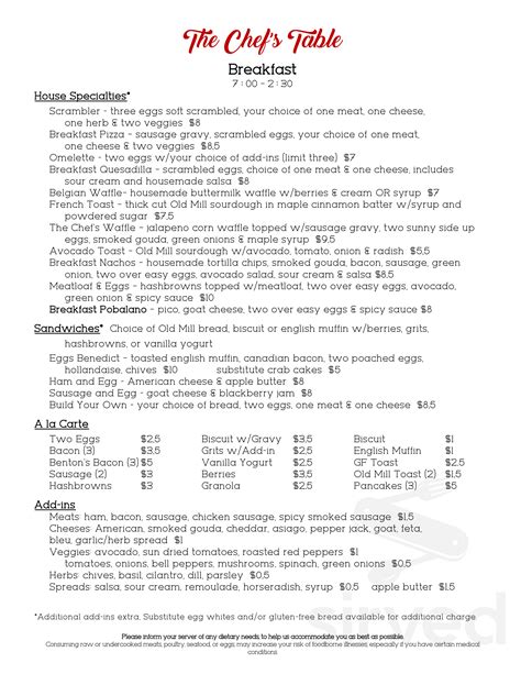 The Chef's Table By All-Ways Catering menu in Knoxville, Tennessee, USA