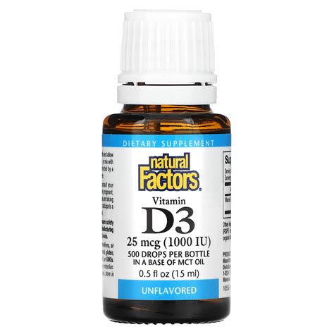 Natural Factors, Vitamin D3 Drops, Unflavored, 25 mcg (1,000 IU), 0.5 ...