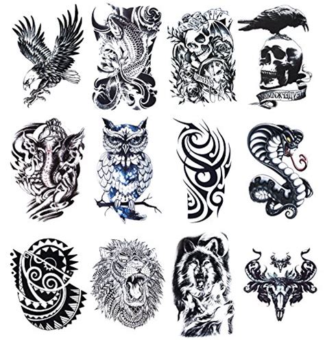 12 Sheets Temporary Tattoos Stickers Fake Body Arm Chest Shoulder ...