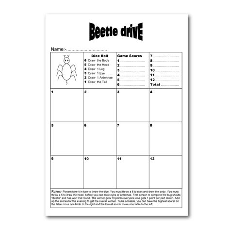 Beetle Drive Game Cards. Double sided for twice the Fun!